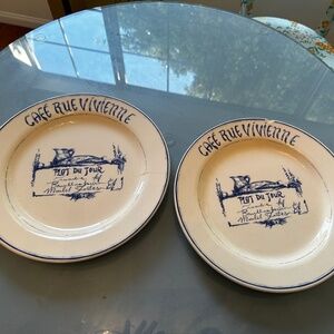 William Sonoma Cafe Rue Vivienne Blue & White French Cafe 10 3/4" 2 Plates